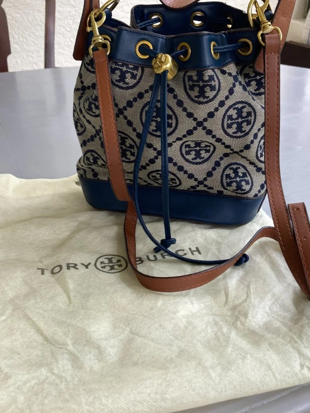 Tory Burch Denim Like Bucket Bag Drawstring  Crossbody  8X8 Mini NEW